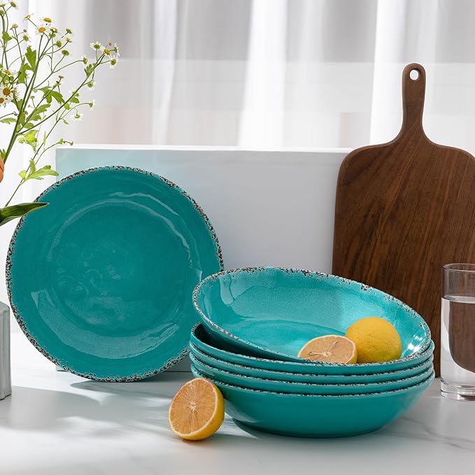 Farmhouse Melamine Pasta Bowls Set of 6, 42 OZ Shallow Individual Bowl, Melamine Pasta Plates and Salad Bowls sets, Dishwasher Safe Serving,Snack bowl,Fruit Bowl, Teal