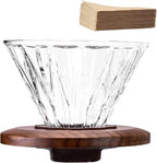 Glass Coffee Dripper with 100 pcs of Size 02 Paper Filter, Borosilicate Glass & Walnut Collar, Pour Over Coffee Maker, 1-3 Cups, Clear