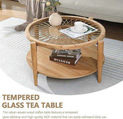 RUSTOWN Rattan Coffee Tables, 2-Tier Round Boho Cocktail Tables, Mid Century - Image 8