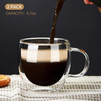 6.7oz Double Wall Espresso Cups Set of 2 With Handle, Clear Expresso Shots Cup, Double Wall Insulated Espresso Mugs, Tazas de Cafe Expreso, Microwave Dishwasher Safe, for Espresso Machine