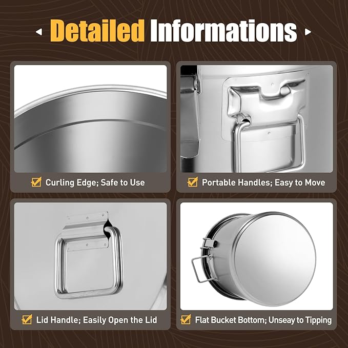 PERFERATE 304 Stainless Steel Airtight Canister 6L/12L Food Storage Bucket with Lids and Sturdy Locking Clamp Metal Cereal Rice Storage Container for Flour, Coffee Bean, Sugar, Cookie (33L)