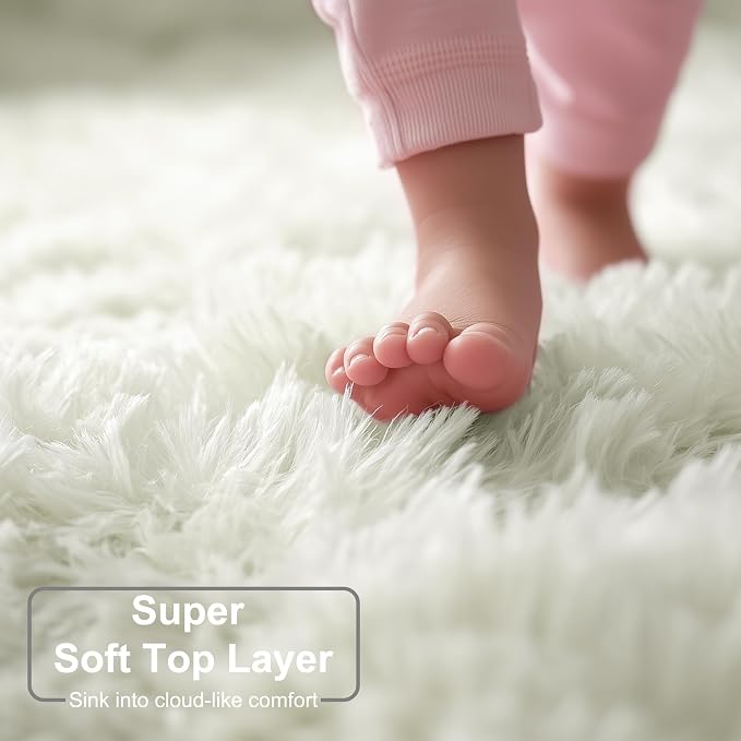 Amdrebio Cream Ivory White Round Fuzzy Rug 4Ft - Image 2