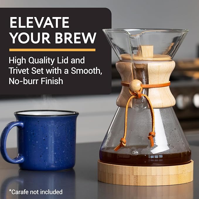 IMPRESA Coffee Pot Cover & Wooden Trivet Set - Chemex Compatible 6-Cup, 8-Cup Pour Over Carafe - Glass Maker Stand & Chemex Style Lid for Pour Over Coffee Systems