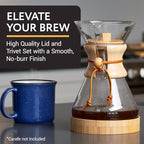 IMPRESA Coffee Pot Cover & Wooden Trivet Set - Chemex Compatible 6-Cup, 8-Cup Pour Over Carafe - Glass Maker Stand & Chemex Style Lid for Pour Over Coffee Systems
