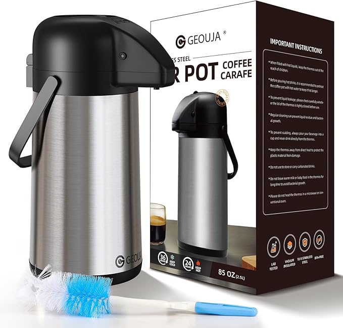 Airpot Coffee Carafe for Keeping Hot - 85 OZ / 2.5L Large Coffee Dispenser with Pump - Insulated Stainless Steel Thermos Urn for Hot Drinks Water Tea Chocolate - Thermal Beverage Dispenser for Parties