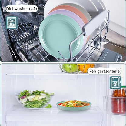 12 Pcs Unbreakable Deep Dessert Plates Set, 8 inch Reusable Plastic Wheat Straw Plates, Microwave and Dishwasher Safe Plate for Kitchen, Lightweight Plate for Dessert, BPA Free, 6 Colors