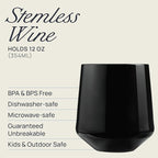 Drinique Unbreakable Stemless Wine Glasses (Set of 4) 12oz Tritan Plastic Stemless Glassware for Indoor or Outdoor Use - Black