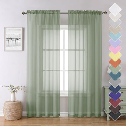Sage Green Sheer Curtains 84 Inches Long 2 Panels Set, Solid Voile Light by Lecloud