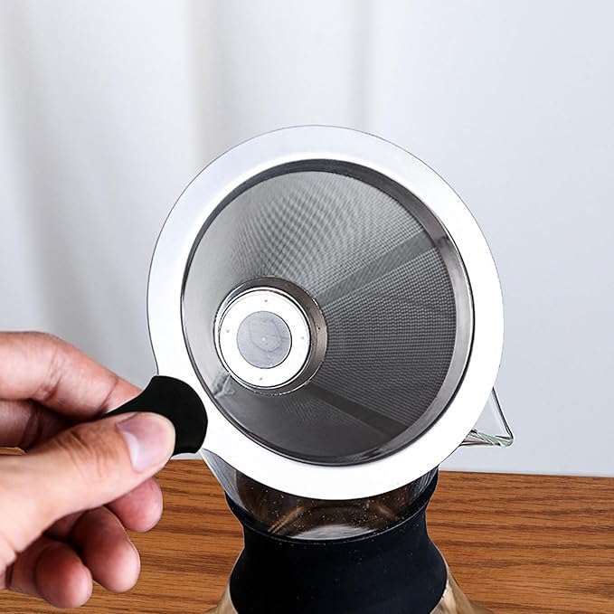 Pour Over Coffee Dripper-Stainless Steel Coffee Filter,Reusable Drip Cone Coffee Filter Portable Pour for 1-4 Cup (With Base, M)