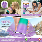Volhoply 12 oz Double Wall Insulated Vacuum Travel Coffee Mug with Flip Lid Bulk 2 Pack,Reusable Stainless Steel Leak Proof Coffee Cup,Cafe Thermal Tumbler for Cold & Hot Drinks(Purple Green,2 Set)
