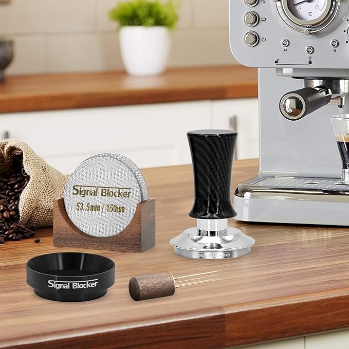 53mm Espresso Coffee Tamper for Espresso Machine: Calibrated Spring Loaded & Stainless Steel Ripple Base - Carbon Fiber Handle with Constant 30lb Fits All 54mm Portafilters | Bundle Including WDT Tool