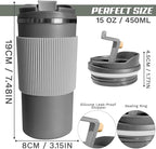 YINBAOGE Insulated Travel Coffee Mug Spill Proof Leak Proof Pobtable To Go Camping Stainless Steel Coffee Tumbler Reusable Coffee Cups with Lids Thermos for Hot and Cold Drink (4th-Gray, 15OZ)