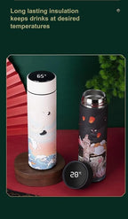 Insulated Coffee Tea Travel Thermos Mug Water Bottle with Removable Strainer and Temperature Featuring Elegant Asian Art Design - 16.9 fl oz (Blue)