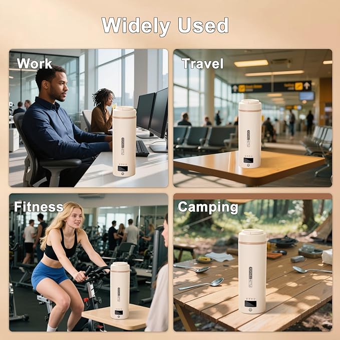 Travel Mini Kettle Portable Electric Kettle with Plug-in Boiling & Keeps Warm via USB, Small Water Boiler with 4 Temperature Settings, 304 Stainless Steel with Auto Shut-off 16oz(Beige)
