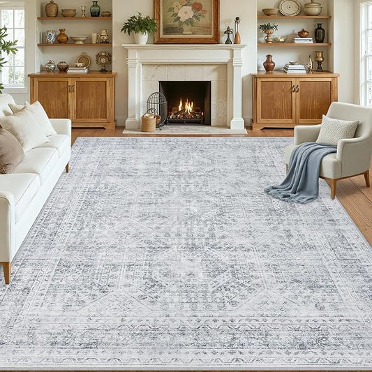 8x10 Area Rugs Living Room: Bedroom Neutral Washable Carpet Gray | Vintage Boho by Luxturiy