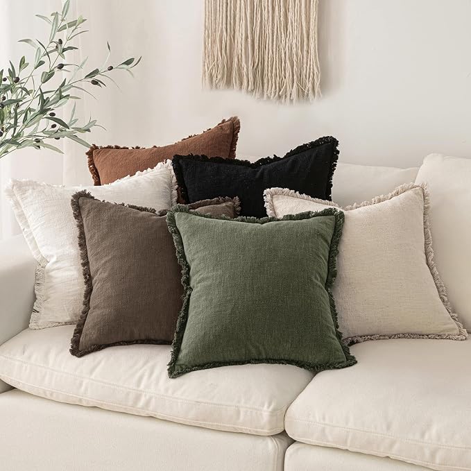 MIULEE Linen Fringe Decorative Euro Pillow Covers Chocolate Brown 22x22 | Set - Image 5