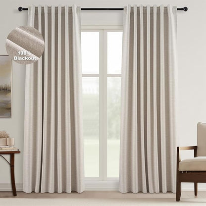 Topfinel Black Out Rustic 96 Inch Long Linen Curtains 2 Panel Set, Modern by Topfinel