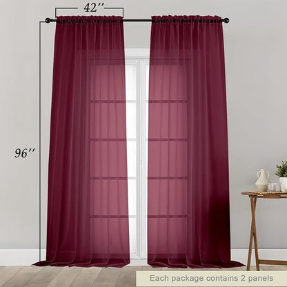 Burgundy Sheer Curtains for Bedroom Living Room 96 Inches Long 2 Panels - Image 2