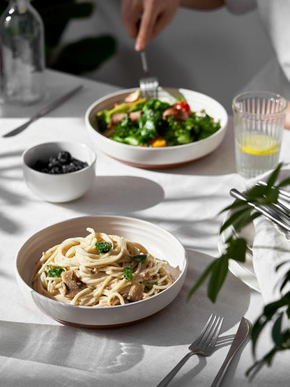 DOWAN 8.5" Pasta Bowls Set of 4 with Sesame Glaze Finish, 30oz Shallow White Ceramic Dinner Bowls, Wide Bowl Plates for Pasta, Salad, Soup & Stew, Microwave & Dishwasher Safe, Housewarming Gift