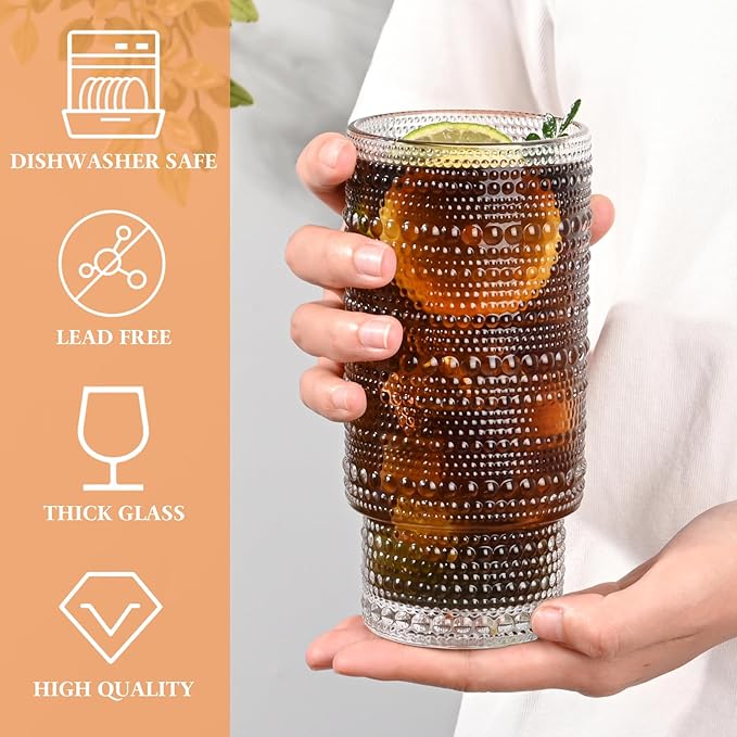 16OZ Glass Tumbler with Straw and Lid,Glass Cups with Lids and Straws,Ribbed Iced Coffee Cups Vintage Embossed Glassware for Juice Whiskey Cocktail Beer(1Pack)