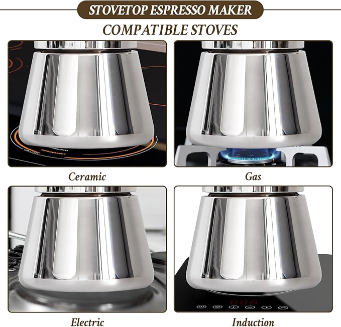 Stovetop Espresso Maker, 4Cup 6.8 oz Moka Pot, Stainless Steel Cuban and Italian Coffee Maker for Cafetera Cubana, Greca De Cafe Induction Stovetop Compatible, Coffee Gift for Home Travel