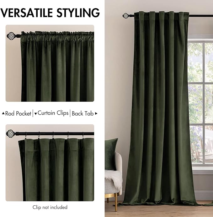 MIULEE Velvet Curtains 52x84 inches 2 Panels Olive Blackout Curtains | Luxury - Image 2