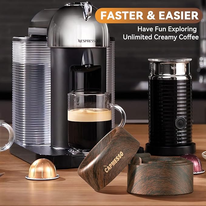 Reusable Vertuo Pod Refill Kit for Nespresso: Reusable Vertuo Capsule for Nespresso/Coffee Pods Vertuoline with 100 Aluminum Foil Lids for Any Size of Vertuo Plus Espresso Pod- Wood Grain Holder