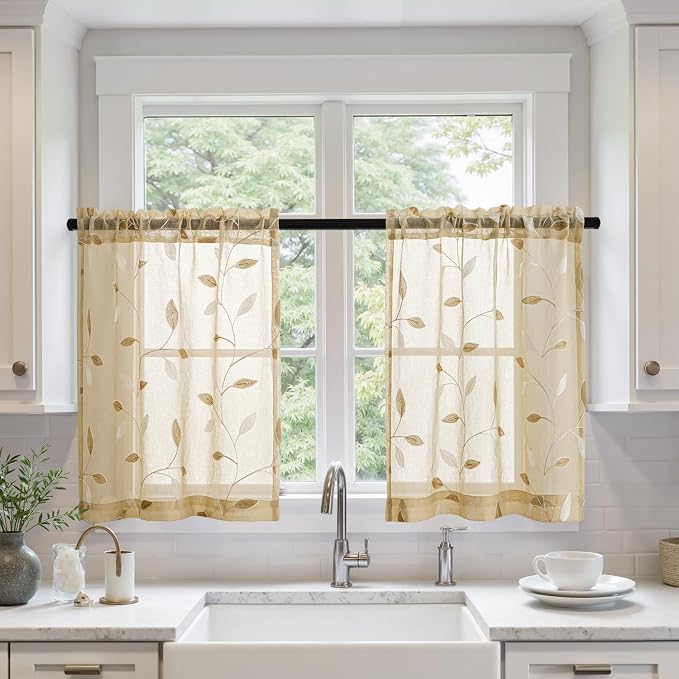 MIULEE Beige Sheer Curtains 2 Panels Embroidered Leaf Patterned, W30 x L24 | by MIULEE