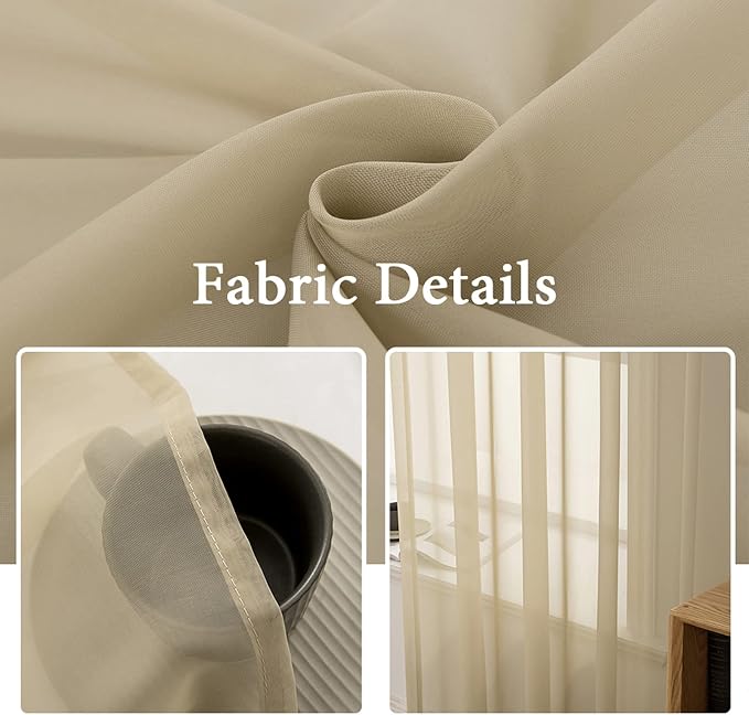 MIULEE 2 Panels Sheer Curtains for Living Room 54 X 96 Inches Beige | Window - Image 3