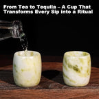 Handcrafted Natural Jade Shot Glasses – Set of 2 | 1.8 oz Whiskey, Espresso & Tequila Cups in Unique Drum Shape, Oriental Inspired Luxury Gift for Men & Whiskey Lovers