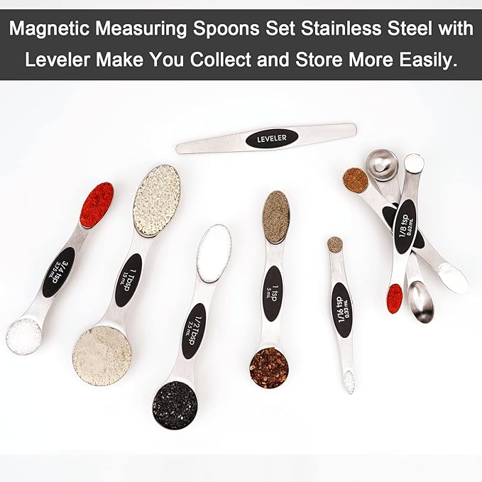 Aovchei 9 PCS Magnetic Measuring Spoons Set, Dual Sided, Stainless Steel Small Tablespoon, Teaspoons, Fits in Spice Jars, for Dry and Liquid, Black