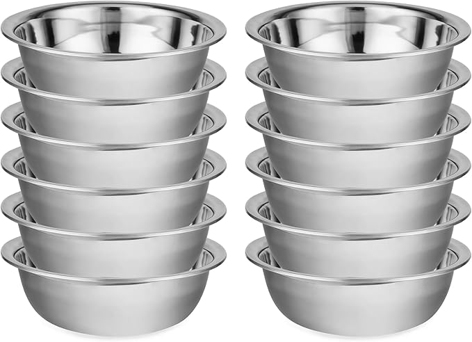 12 Pack 9.45 x 2.68 Inch Stainless Steel Mixing Bowls for Bulk Food Prep with Nesting Design for Hotel Restaurant and Home Kitchen Cooking in Silver