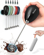Rechargeable Milk Frother Handheld, Travel Portable Frother Wand for Coffee, USB C Electric Whisk with Stand & Case, Waterproof Hand Drink Mixer for Lattes, Cappuccino, Matcha, Egg (Black)