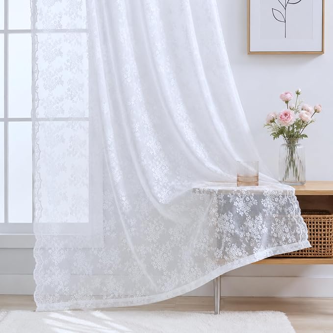 YJ YANJUN Vintage Lace Curtains 63 Inches Long Brilliant White 2 Panels | - Image 3