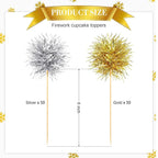 Chinco 100 Pcs Foil Firework Cupcake Toppers Sparkle Tinsel Cake Toppers Cake Decoration Cocktail Fruit Toothpick for Birthday Wedding Graduation Party(Gold, Silver)