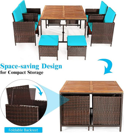 Tangkula 9 Pieces Acacia Wood Patio Dining Set, Space Saving Wicker Chairs and - Image 7