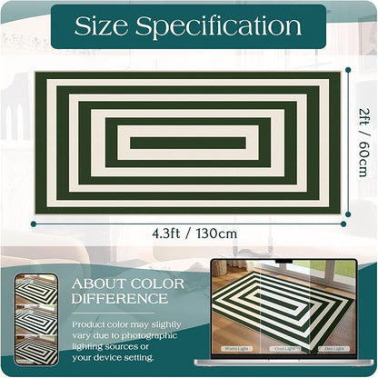 Front Door Mat Indoor Entrance 2x4.3 Modern Green White Striped Rug | Washable - Image 2