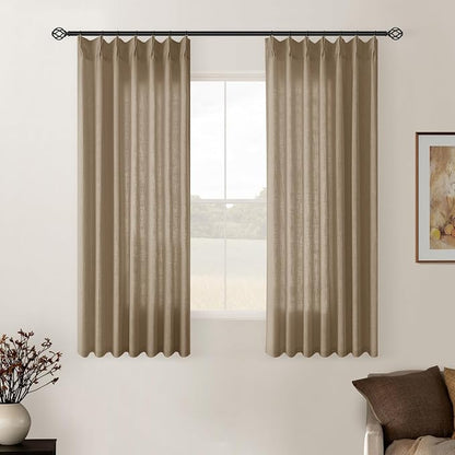 Latte Pinch Pleated Linen Semi Sheer Short Curtains 45 Inch Length 2 Panels | by Twodrapes