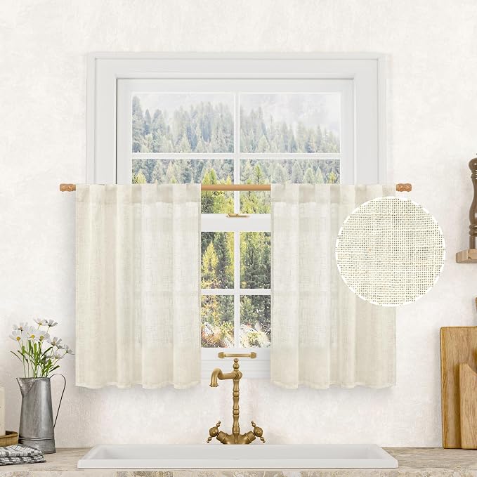 Short Kitchen Window Semi Sheer Linen Curtains Over Sink 34x36 Inch | Light by LAMIT