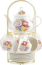 20-Pieces Porcelain Bone china Tea Sets,Gold Rim Coffee Set with Golden Metal Rack,Tea Gift Sets for Home&Party (006)