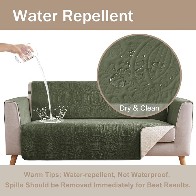 Quilted Olive Green Sofa Slipcovers - Image 3