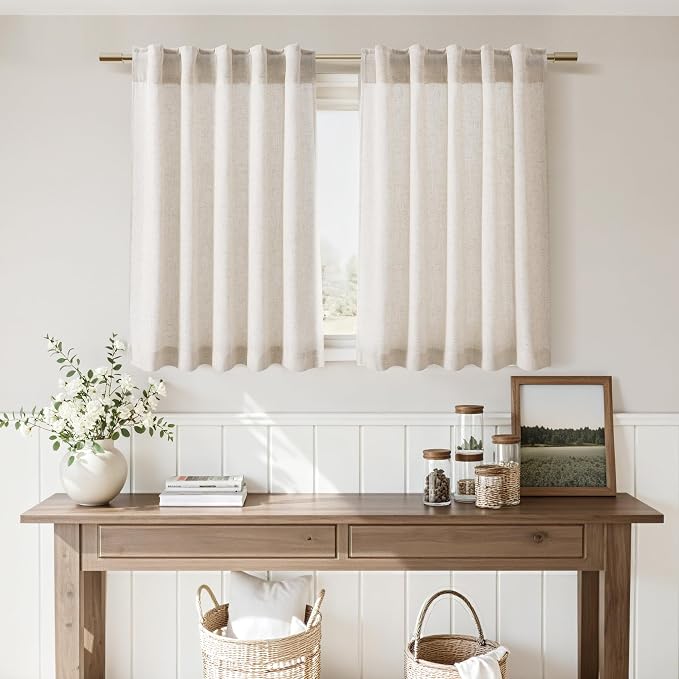 Beige Linen Curtains for Kitchen Windows Over Sink Farmhouse Short Semi Sheer - Image 6