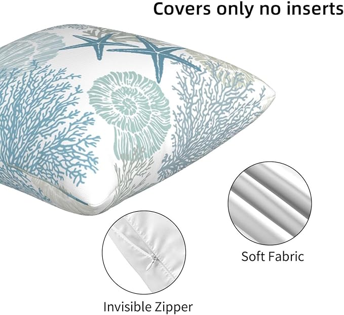 Nautical Coastal Beach Pillow Covers 18x18 Set of 2, Ocean Themed Seashell - Image 5