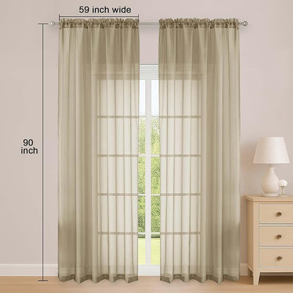 Taupe Sheer Curtain 90 Inches Long 2 Panels Set, Solid Filmy Drapes - Image 2