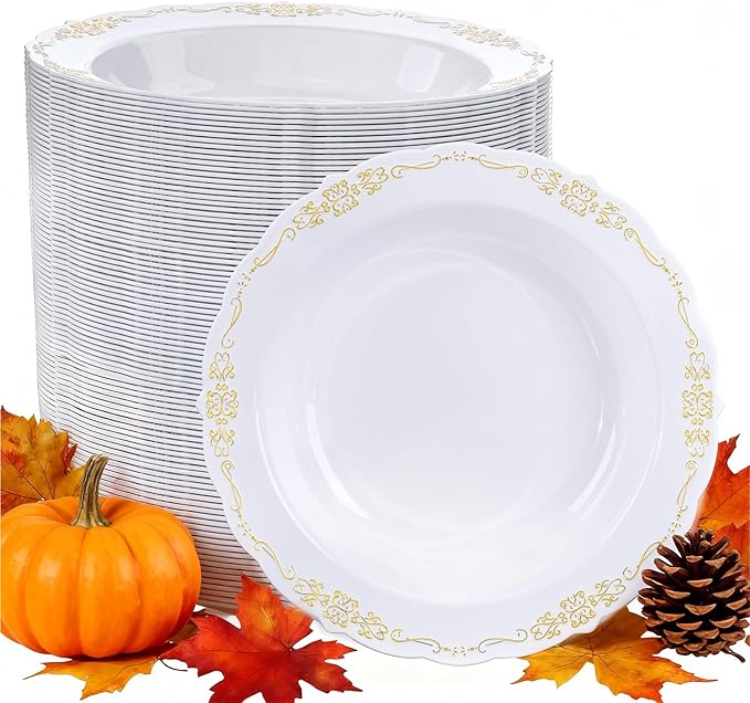 DaYammi 100 Pack Plastic Bowls with Gold Rim, 12oz Disposable Soup Bowls, Plastic bowls Disposable Heavy Duty Dinner bowls for Weddings, Parties, Catering and Everyday Use