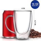 Set of 2 Double Walled Glass Coffee Mugs 16 Ounces Insulated Layer Coffee Cups with Handle Borosilicate Glass Espresso Cup for Hot Beverage,Cappuccino,Tea,Latte,Wine,Microwave Safe