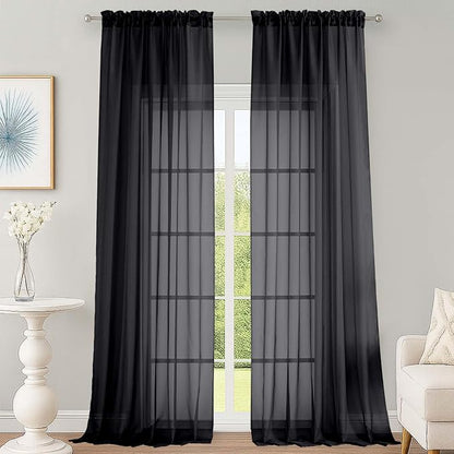 Black Sheer Curtains 120 Inches Long 2 Panels Set, Airy Lightweight Sheer Black by OWENIE