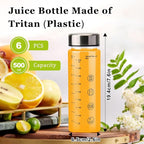 6 Pack Juice Bottles with Caps - Wide Mouth Resuable Clear Plastic Water Bottles for Juicing,Smoothie,Protein, Beverage,Storage Containers,BPA Free,Leakproof Stainless Steel Lid(16 Ounces)