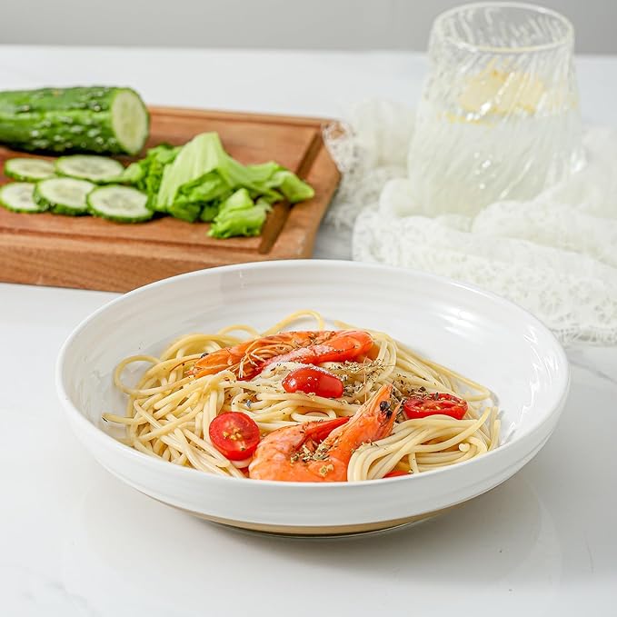 Hasense Ceramic Pasta Bowls, 32 Ounce Serving Bowls for Kitchen, 8.7 Inch White Bowls Set for Furit, Salad, Pasta - Shallow Soup Bowls Set of 2, Dishwasher & Microwave Safe