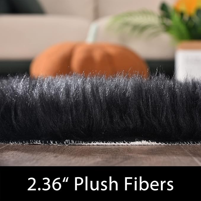 Latepis Black Round Rug 4 ft, Faux Fur Sheepskin Circle Rug - Image 2